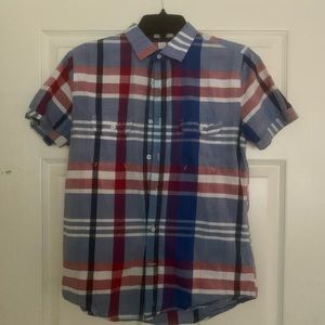 Express Men’s Short Sleeve Button Front Shirt Size Small Plaid Fitted Used
